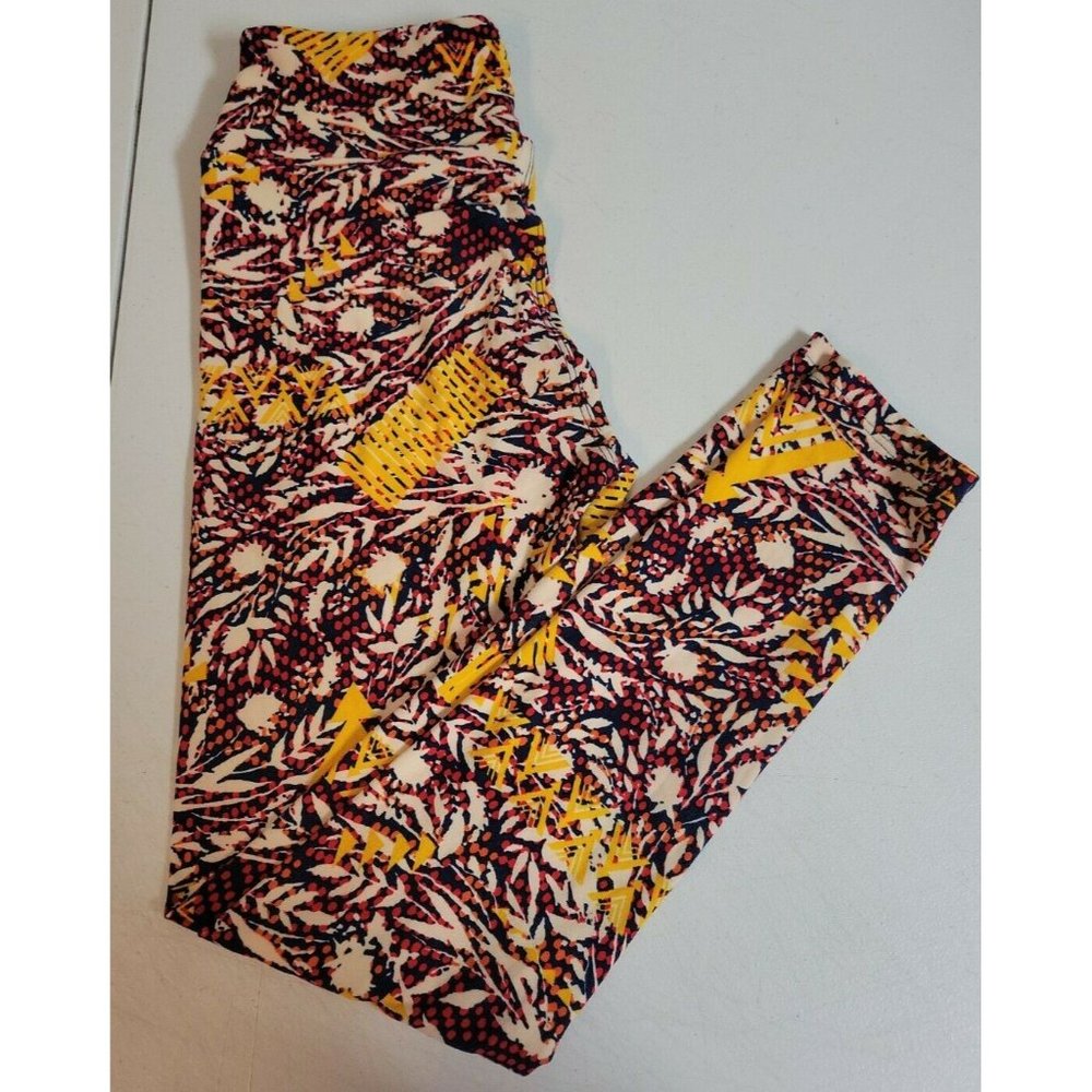 LulaRoe Leggings One Size Bright Multicolored Abstract Leaf Spotted Dots OS EUC